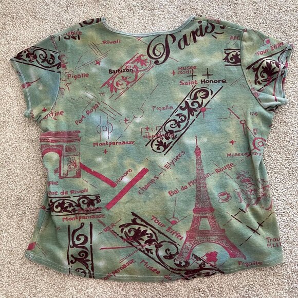 Y2k Paris Graphic Green & Pink Soft French Boho Chic Top 100% Cotton - Picture 5 of 7